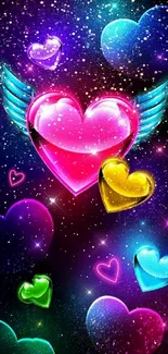 Vibrant heart-themed mobile wallpaper with glowing, colorful hearts.