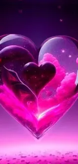 Pink and purple heart-shaped glowing cosmic design wallpaper.