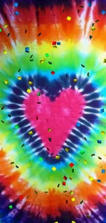 Vibrant tie-dye wallpaper with heart design in rainbow colors.
