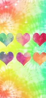 Vibrant tie-dye heart wallpaper with sparkling accents in rainbow hues.