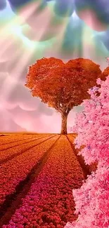 Vivid pink landscape with a heart-shaped tree under a mystical sky.