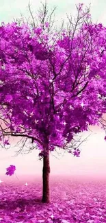 Purple heart-shaped tree with falling leaves in a vibrant landscape.