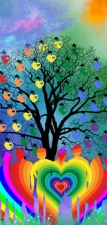 Heart tree with colorful silhouettes wallpaper.