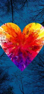 Colorful geometric heart with tree background wallpaper.