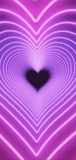 Purple and pink neon heart tunnel wallpaper with a glowing effect.