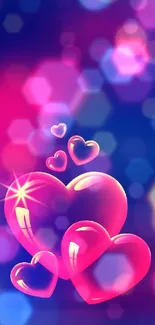 Vibrant heart wallpaper with neon pink hearts on a blue background.