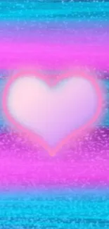 Vibrant pink and teal background with a glowing heart design.