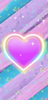 Glowing purple heart on a colorful pastel background.