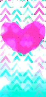 Mobile wallpaper with a magenta heart on a colorful zigzag background.