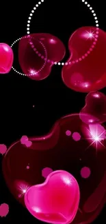 Vibrant heart-themed mobile wallpaper with pink and red luminous hearts.