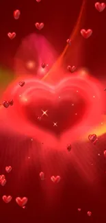 Vibrant glowing heart wallpaper with red hues.