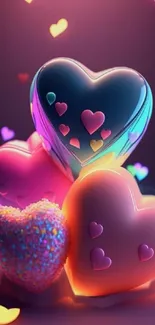 Vibrant heart-themed mobile wallpaper with glowing multicolored hearts.