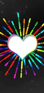 Colorful neon heart with vibrant light beams on black background.