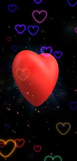 A vibrant red heart with neon outlines against a black background.