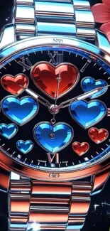 Heart-themed watch face with vibrant colors and steel strap.