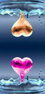 Pink and golden hearts in blue water drops.