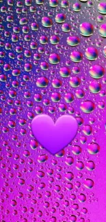 Purple heart and droplets on colorful wallpaper background.