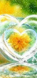 Heart-shaped water splash with yellow flower on a green background.