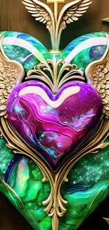 Mobile wallpaper with a vibrant heart and golden wings.