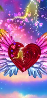 Colorful heart with wings under a vibrant sky.