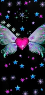 Colorful butterfly wings and heart amidst stars.