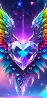 Colorful heart-shaped gem with vibrant wings in digital art.