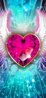 Pink heart with wings on cosmic blue background wallpaper.