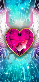 Vibrant wallpaper featuring a pink heart with wings on a blue background.