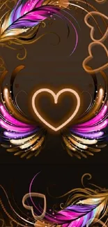 Mobile wallpaper with heart and wings in vibrant colors on a dark background.