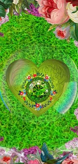 Green heart with floral border on vibrant wallpaper.