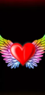 Red heart with rainbow wings on black background.