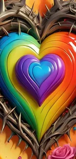 Vibrant rainbow heart encircled by thorns
