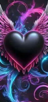 Vibrant heart with wings in neon colors.