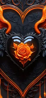 Heart with vibrant orange and black wings art wallpaper.