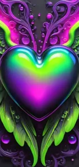 Heart with neon wings on a vibrant background.