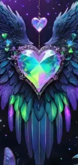 Jewel heart and ethereal wings in vibrant colors on a celestial background.