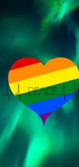 Rainbow heart with peace and aurora background.