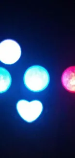 Colorful LED lights in heart and circle shapes on a dark background.