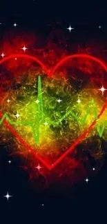 Vibrant neon heart with glowing green and red against a dark background.