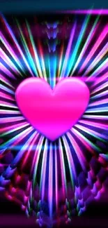 Vibrant mobile wallpaper with a hot pink heart and colorful burst design.