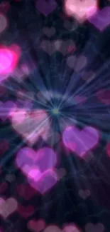 Vibrant wallpaper with glowing pink hearts on a dark background.