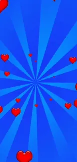 Blue wallpaper with red hearts pattern design.