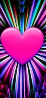 Bright pink heart with rainbow rays on wallpaper.