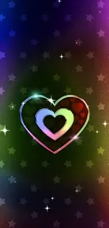 Vibrant rainbow heart design with a starlit background for mobile phones.