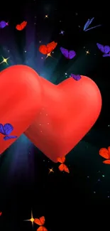 Glowing red hearts and colorful butterflies wallpaper.