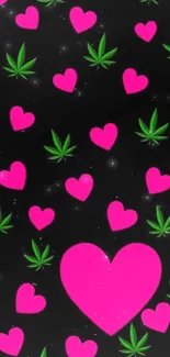 Mobile wallpaper with pink hearts and green leaves on black background.