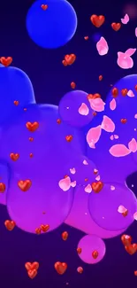 Colorful abstract wallpaper with hearts and petals on a purple background.