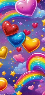 Colorful hearts and rainbow mobile wallpaper with stars.