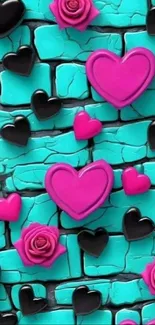 Vibrant wallpaper with hearts and roses on a turquoise background.