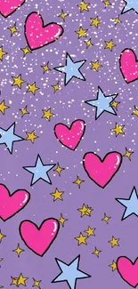 Mobile wallpaper with pink hearts, blue and yellow stars on a purple background.